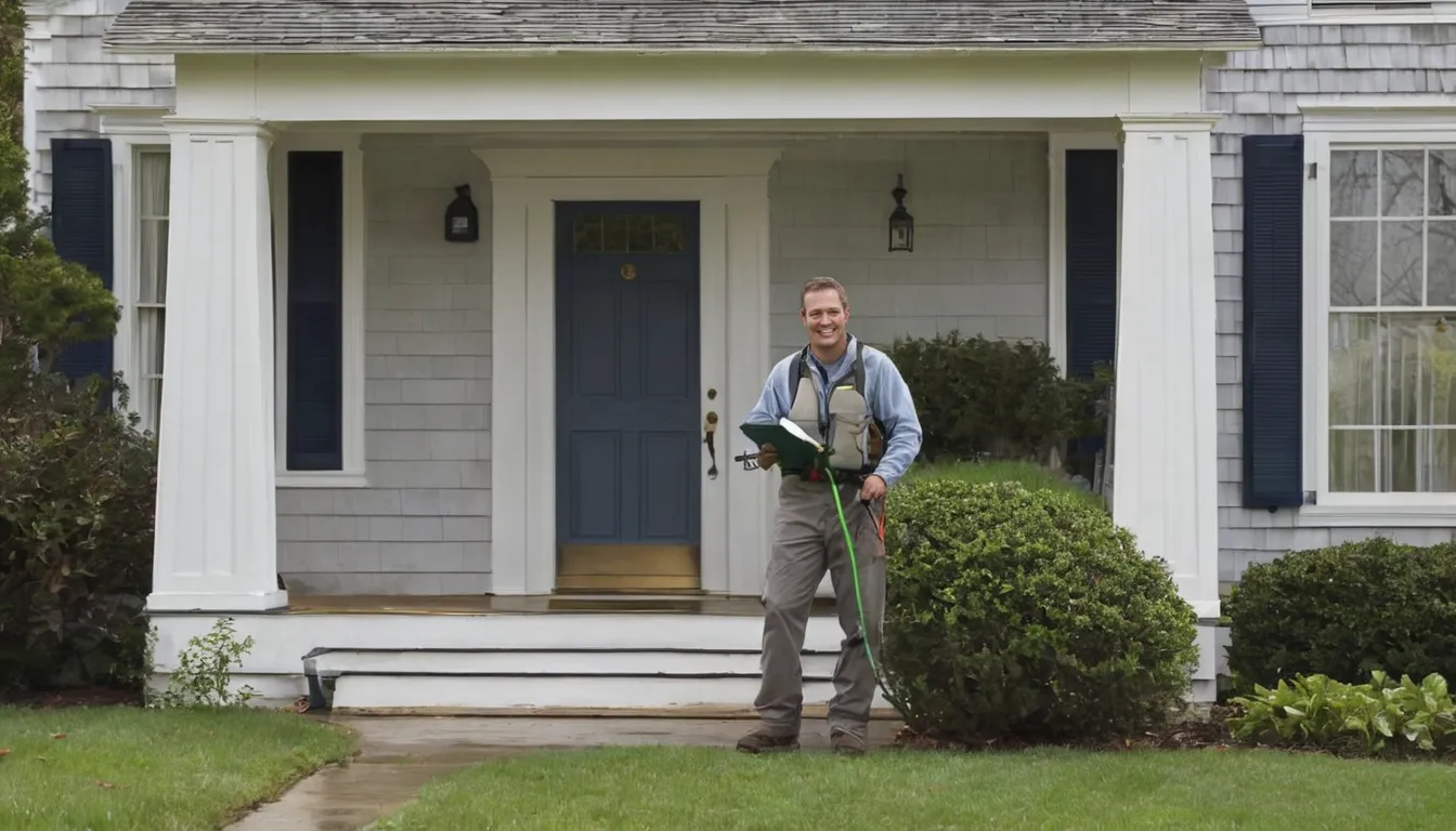 A friendly pest control provider talking with a homeowner at the front door of a home in the Waterbury area